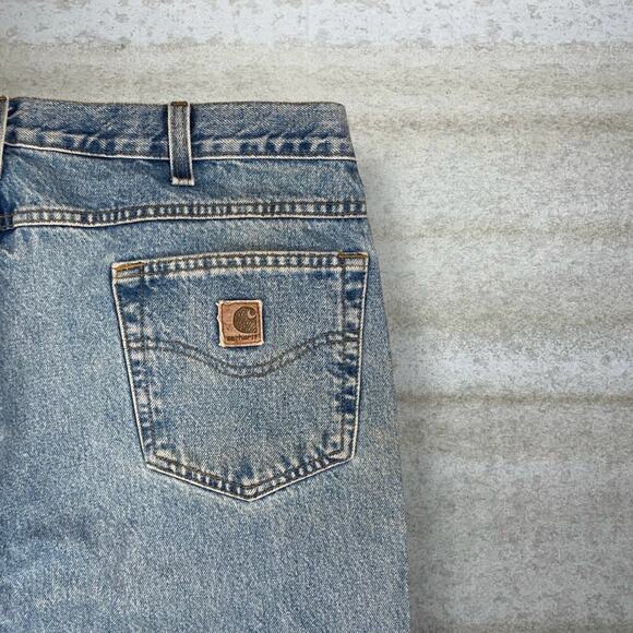 Vintage Carhartt Jeans Relaxed Fit Light Wash Work Wear Denim Leather Logo 90s - Picture 3 of 11